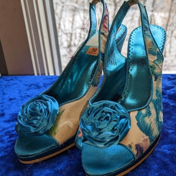 Rampage rosette heels, blue floral Size 10 M platform slingback shoes - Picture 1 of 5